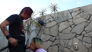 Chubby Latina with huge ass has sex on the terrace with her punk boyfriend