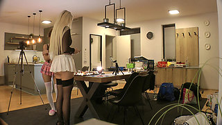 Two Girls One Rc Car to Play with in Shortest Short Miniskirts and on High Heels with Stockings and Over Knee Socks