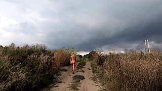 Risky Public Walk - Naked on a Broken Bridge