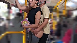 Young whore student gets fucked by an older guy right on the bus in public