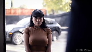 Busty Latina maid Aryana Amatista fucked in the kitchen by the owner