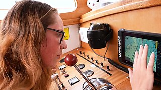 Busty hairy gal with pierced nipples masturbates on yacht