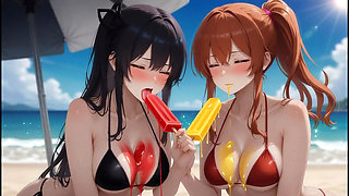 AI Gothic Beauty Meets Redhead Beauty - Beach Crossover (Eating Ice Pops)