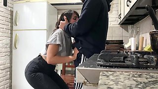 Slim Bootylicious Brunette Hottie Has Fun With Her Husband's Friend In the Kitchen