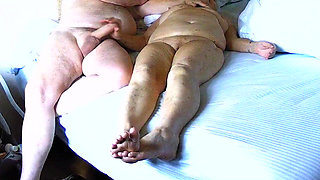 Homemade Mature Stepaunt Hand Job Gets Cum on Legs & Feet Footjob