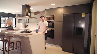 Redhead busty Latina caught her bf fucking her stepmom on the kitchen