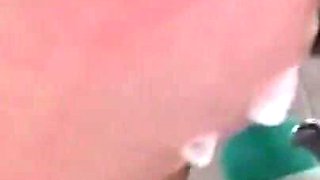 Chubby old woman uses toilet brush to masturbate