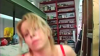 Horny Fuck Pig in Red Lingerie Fucks a Craftsman in the Workshop