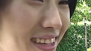 Skinny Japanese Girl Walks with a Toy Inside Her Bush Before Sucking a Man