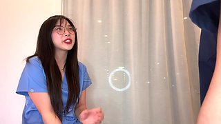 Petite asian nurse pounds on patient's hard dick
