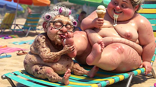 Elderly Granny Passionately Sucking BBW Feet on the Beach