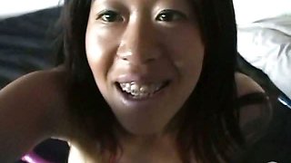 Big tit asian girlfriend screwing sex toy with erect nipples