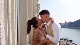 Sexy Inked Brunette Gal Gives Her BF a Great Blowjob On the Balcony & Lets Him Rough-fuck Her Indoor