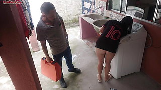 Married housewife pays washing machine technician with her ass while husband is away