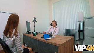 Hot redhead girl in seductive stockings comes to her loaner and offers her tight ass for some wild fucking in exchange for some money