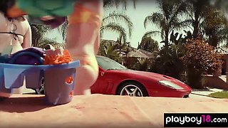 Naked cougar and teenagers waxing a Ferrari