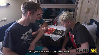HUNT4K. Having fun in a train with a redhead who likes striptease and sucking strangers' dicks